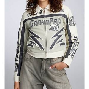 Smoke Rise Red Faux Leather Vegan Racing Jacket Off White Gray XS